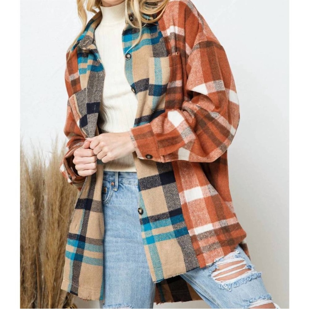 Blue B Collection think it through Rust /turquoise mixed media flannel shacket M